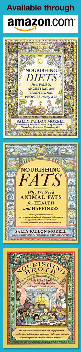 available through Amazon.com Sally Fallon Morell book covers for Nourishing Diets Nourishing Fats Nourishing Broth